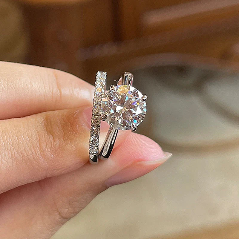 ANZIW 2 Carat All Moissanite Ring Bridal Sets Silver 925 Solitaire Engagement Wedding Rings & Stackable Eternity Bands for Women