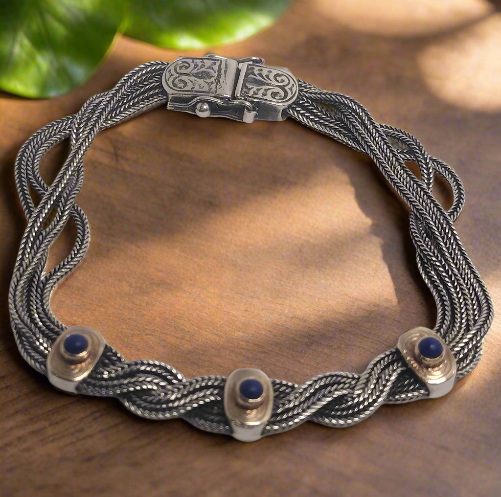 Sterling Silver, 22k Gold and Lapis Bracelet