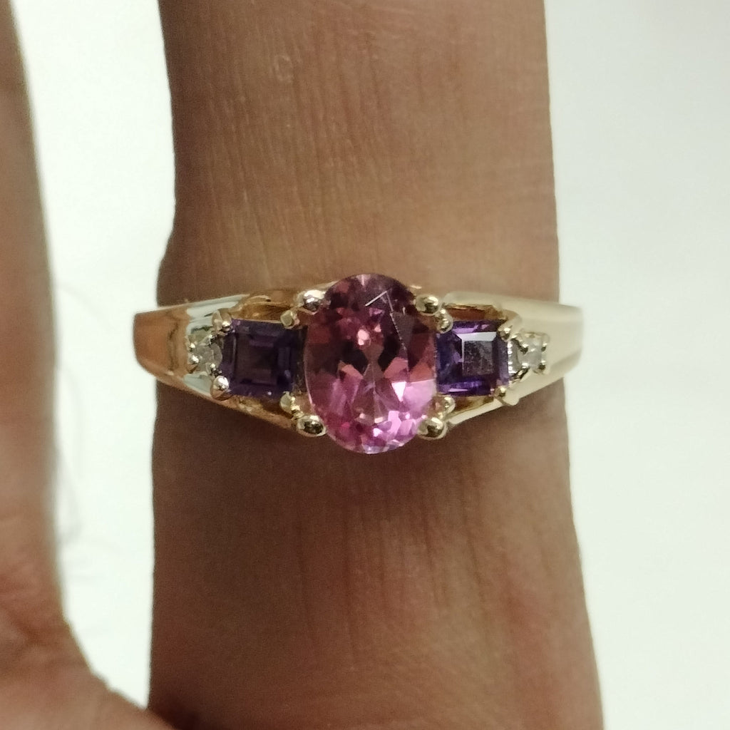 10k Gold Pink Tourmaline Amethyst Diamond Ring
