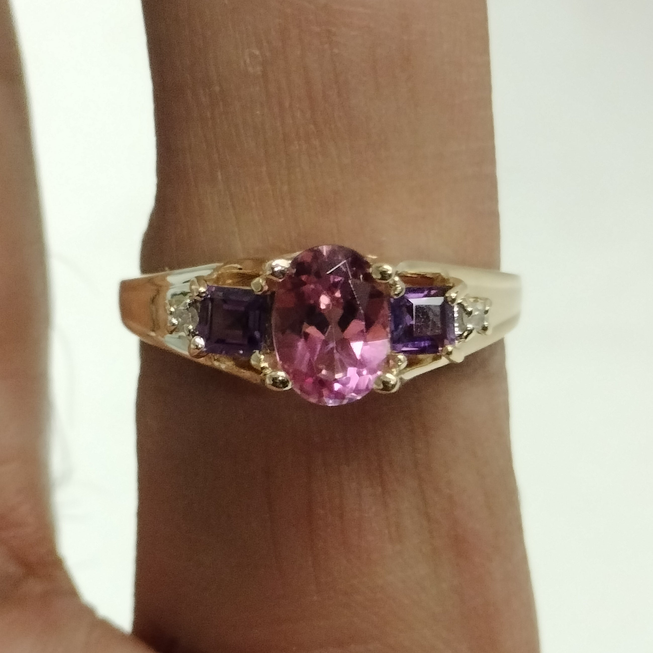 10k Gold Pink Tourmaline Amethyst Diamond Ring