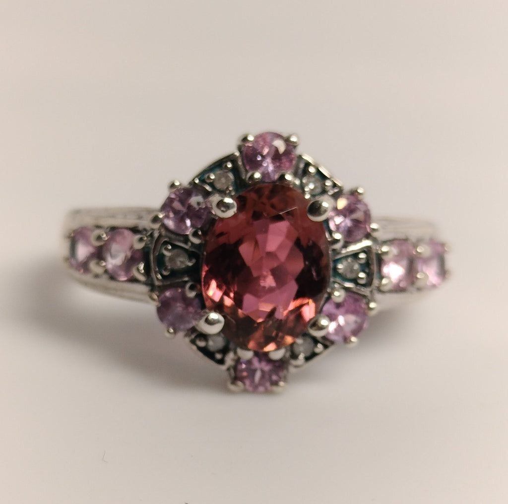 Sterling Silver Tourmaline, Pink Sapphire and Diamond Ring