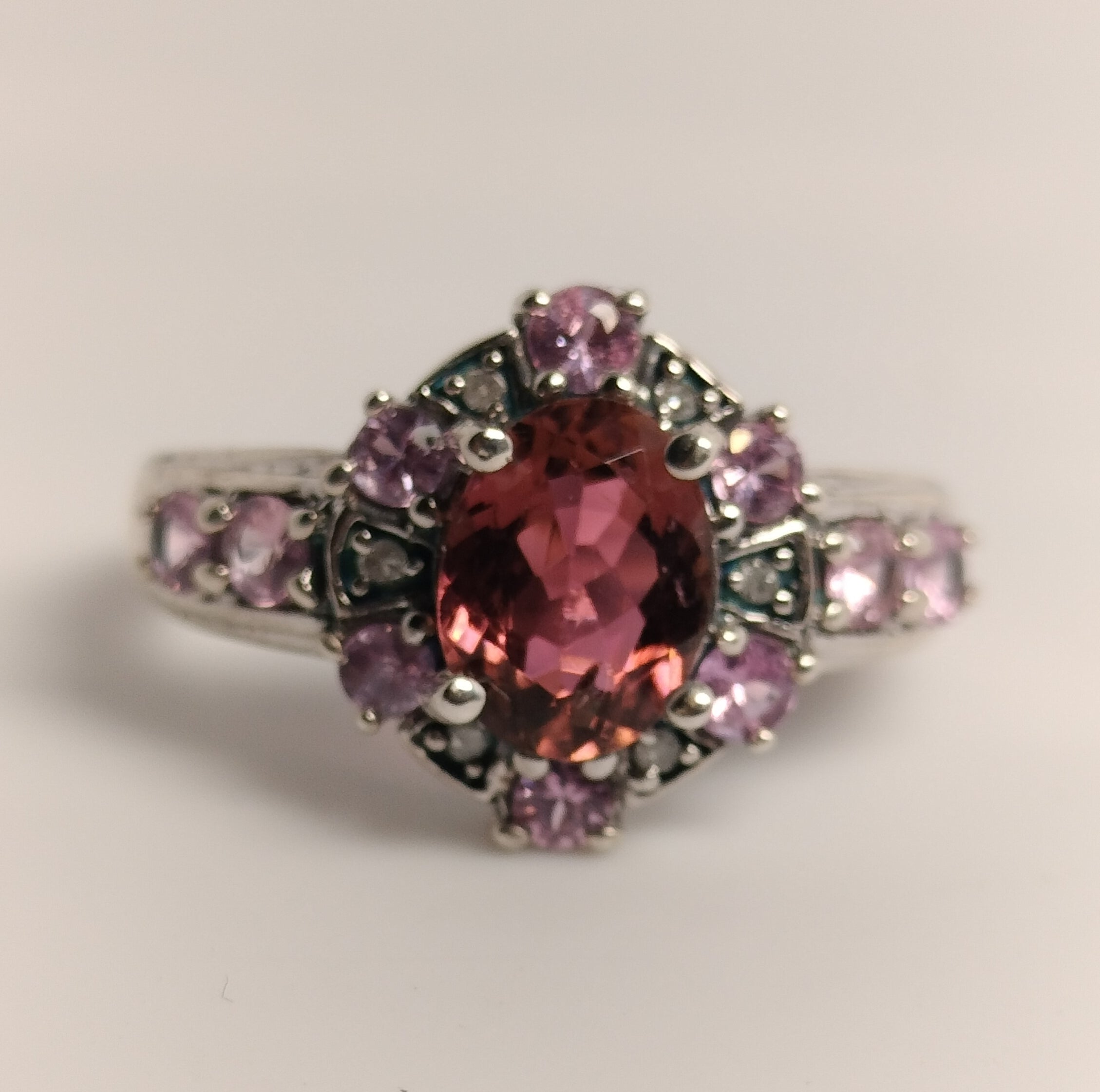 Sterling Silver Tourmaline, Pink Sapphire and Diamond Ring