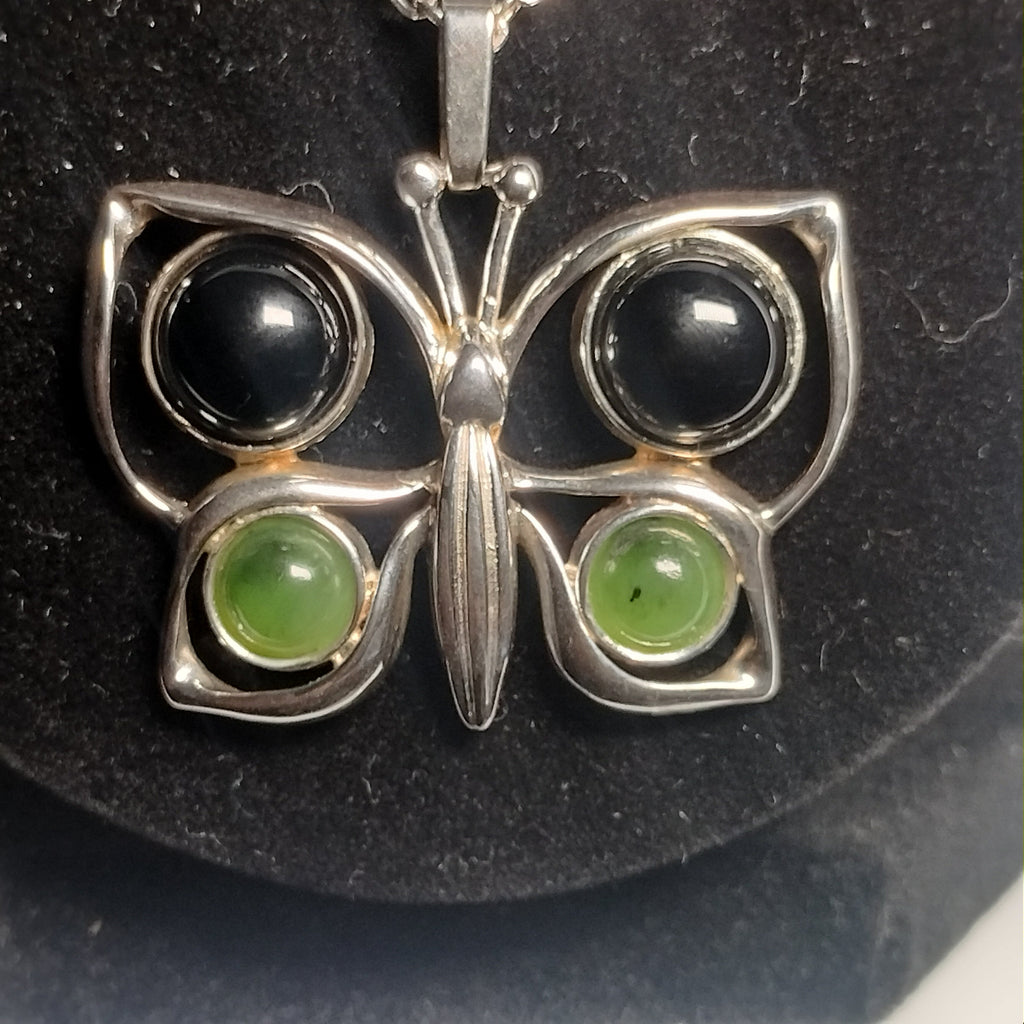 Sterling silver Onyx and Jade Pendant and Chain