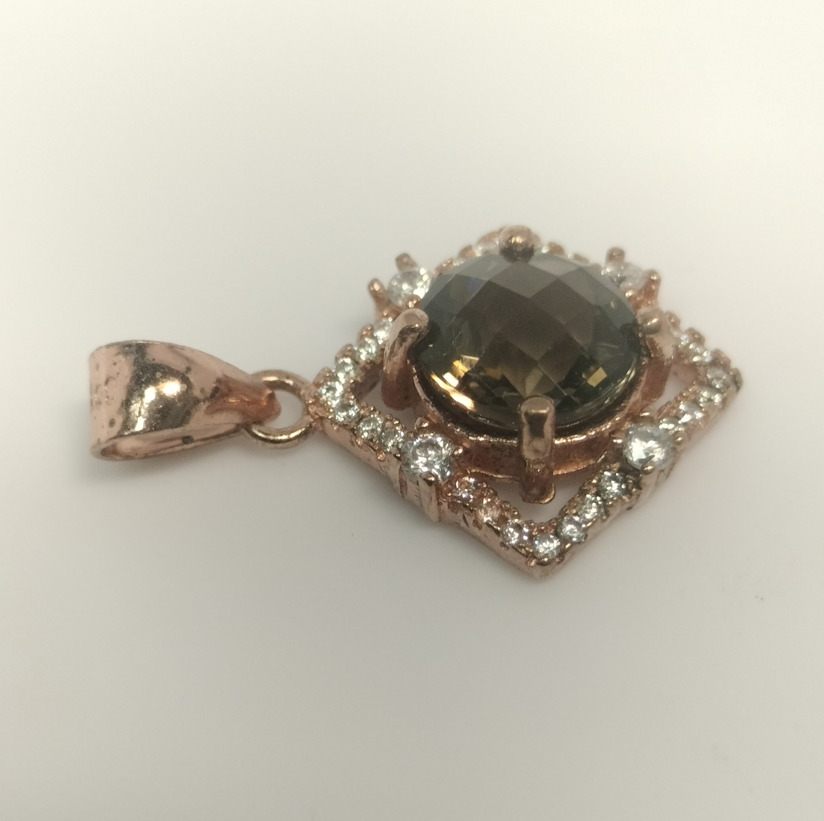 Rose Plated Sterling Silver Smokey Quartz and Cubic Zirconia Pendant