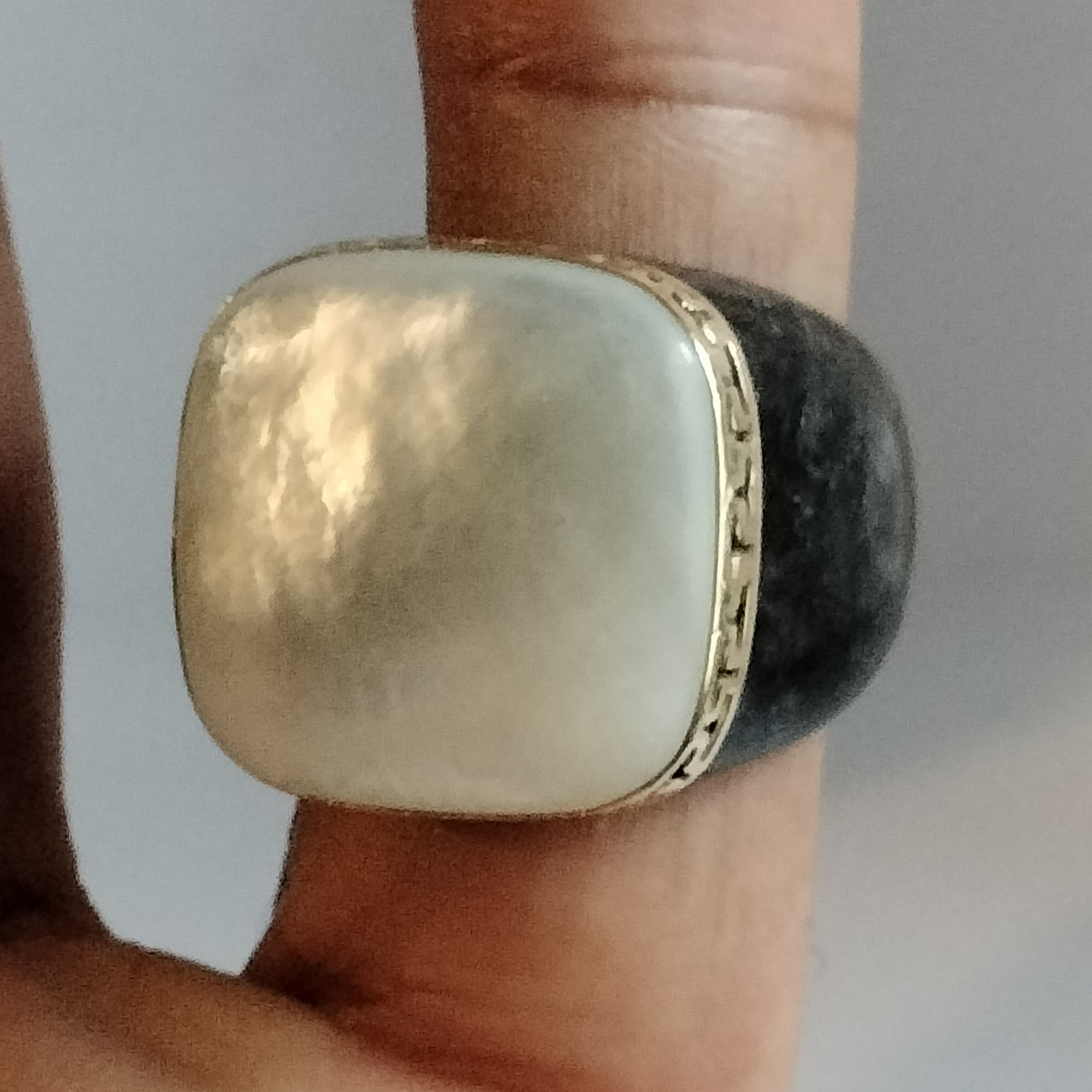 Large Black Jade Mother Of Pearl 14k Gold Greek Key Ring