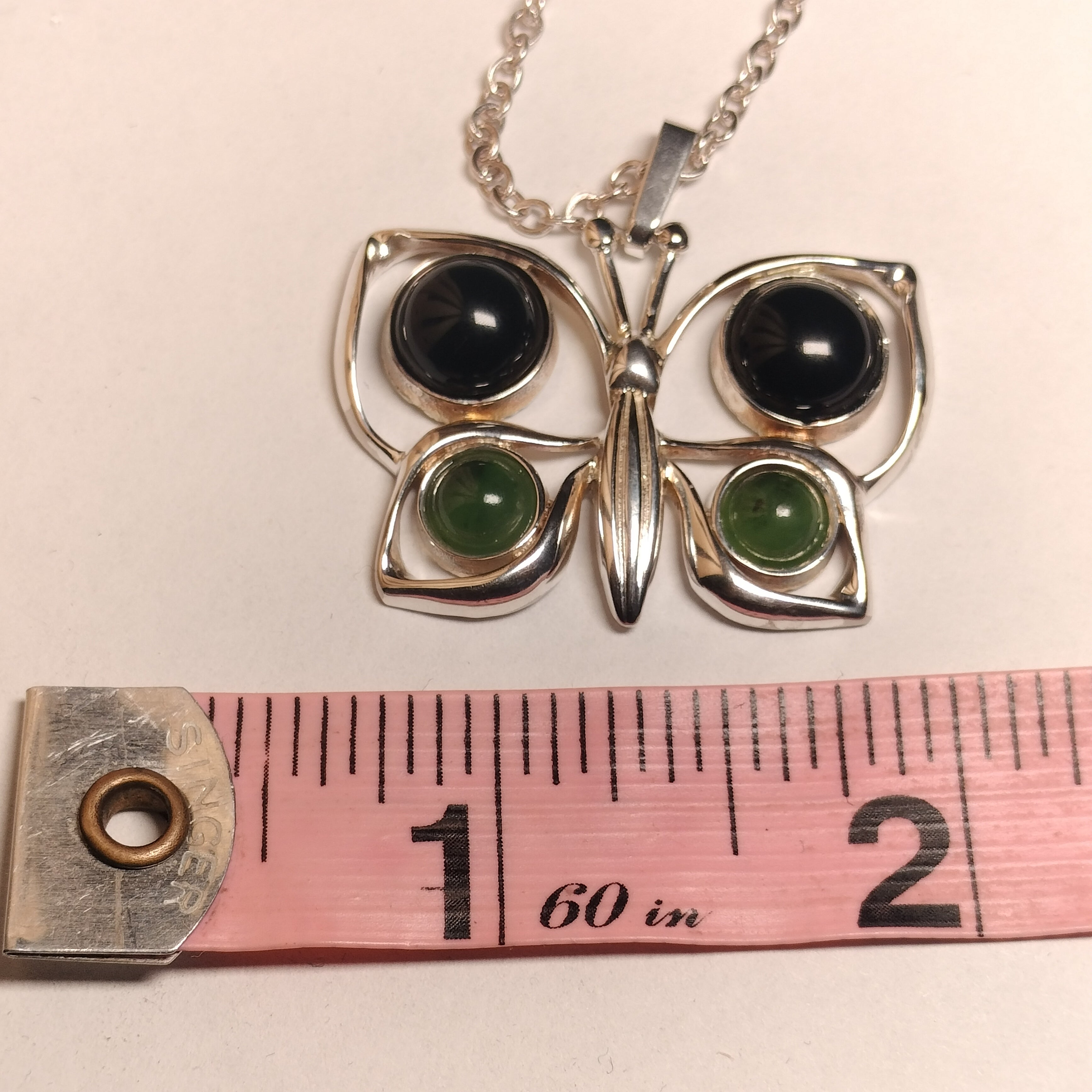 Sterling silver Onyx and Jade Pendant and Chain