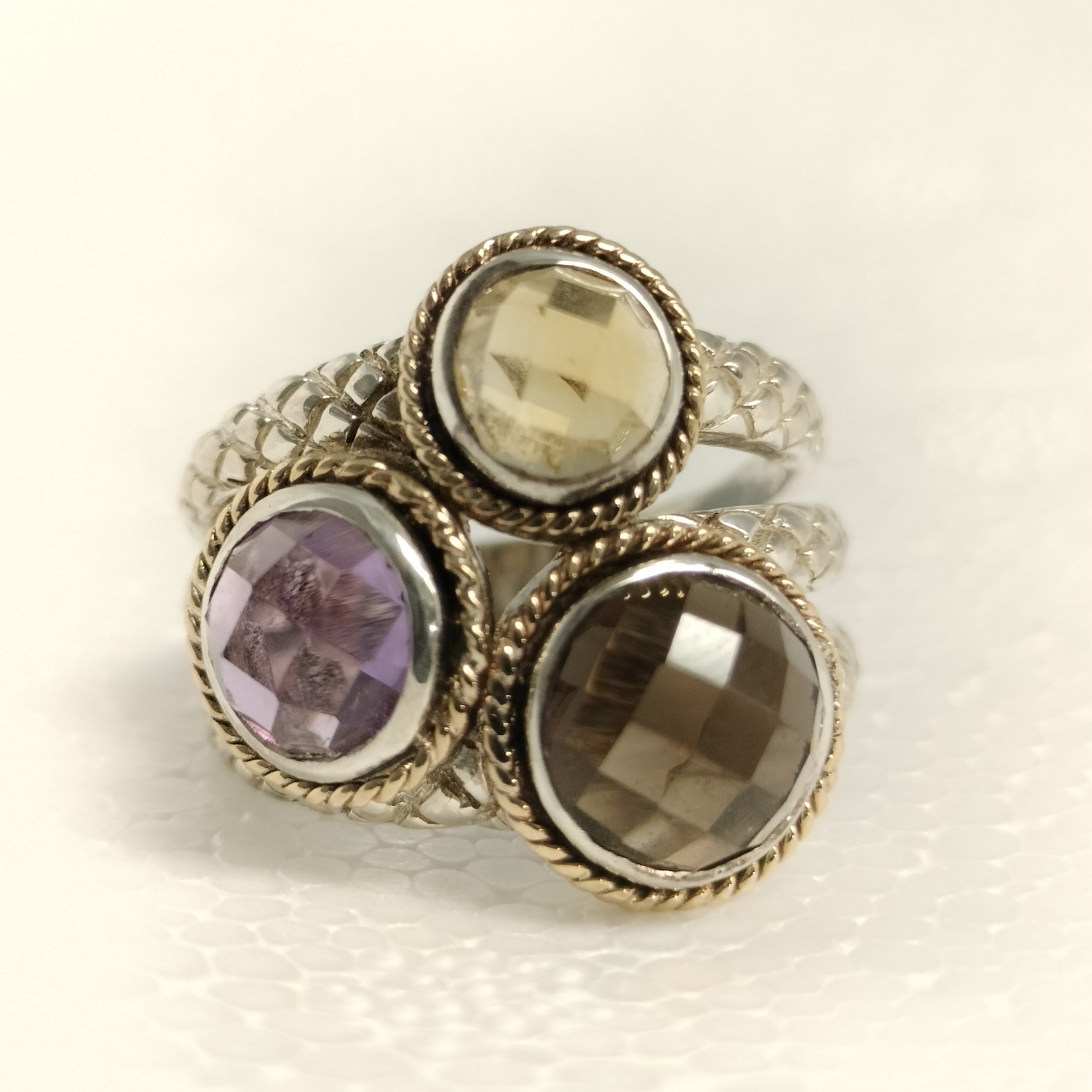 Sterling Silver 14k Gold Ring with Amethyst, Smokey Topaz, and Citrine