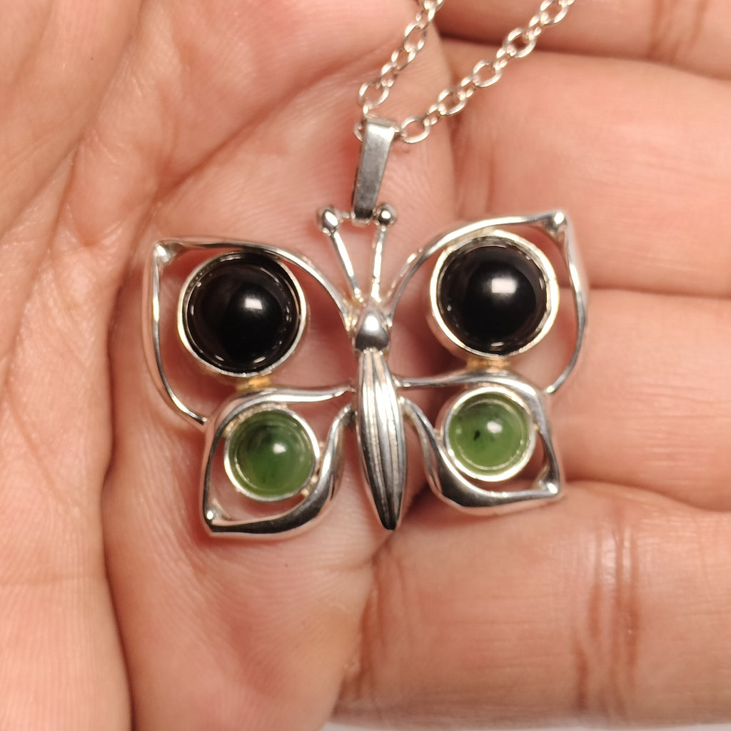 Sterling silver Onyx and Jade Pendant and Chain