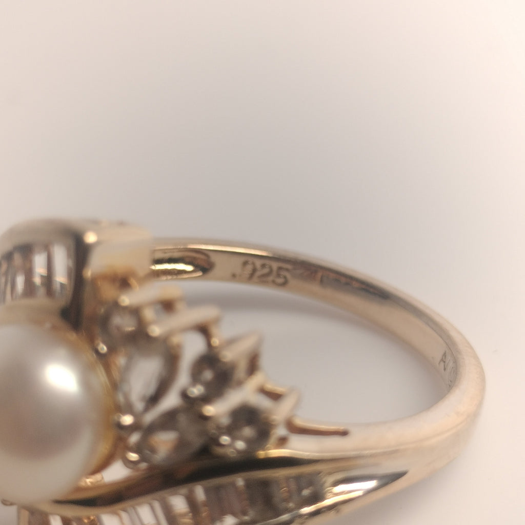 Sterling Silver Pearl and Cubic Zirconia Ring