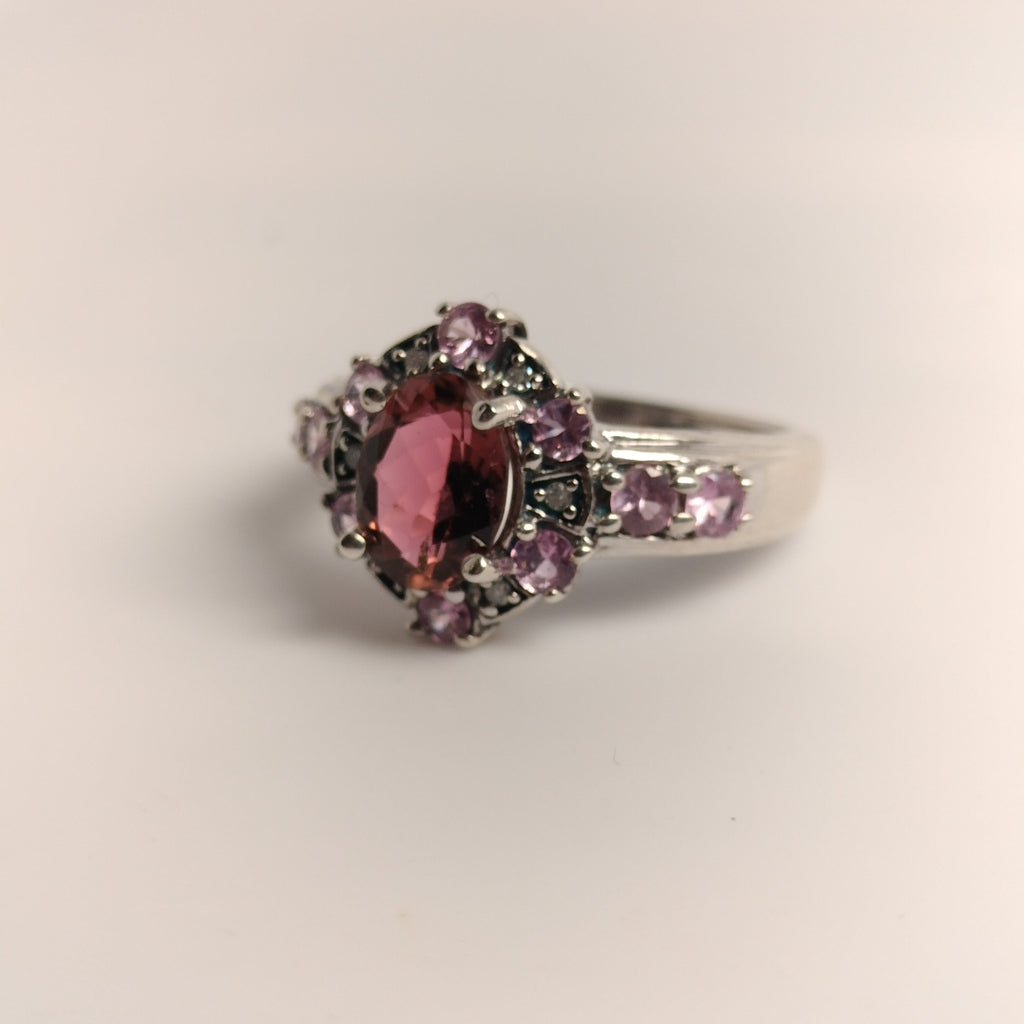 Sterling Silver Tourmaline, Pink Sapphire and Diamond Ring