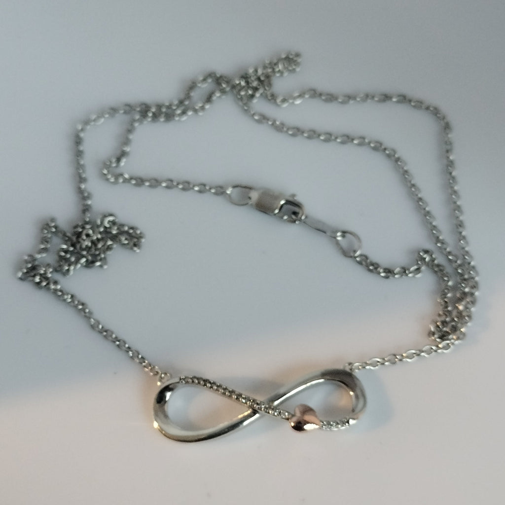 Sterling silver Diamond Infinity Pendant with 10k Rose Gold Heart and Silver Chain