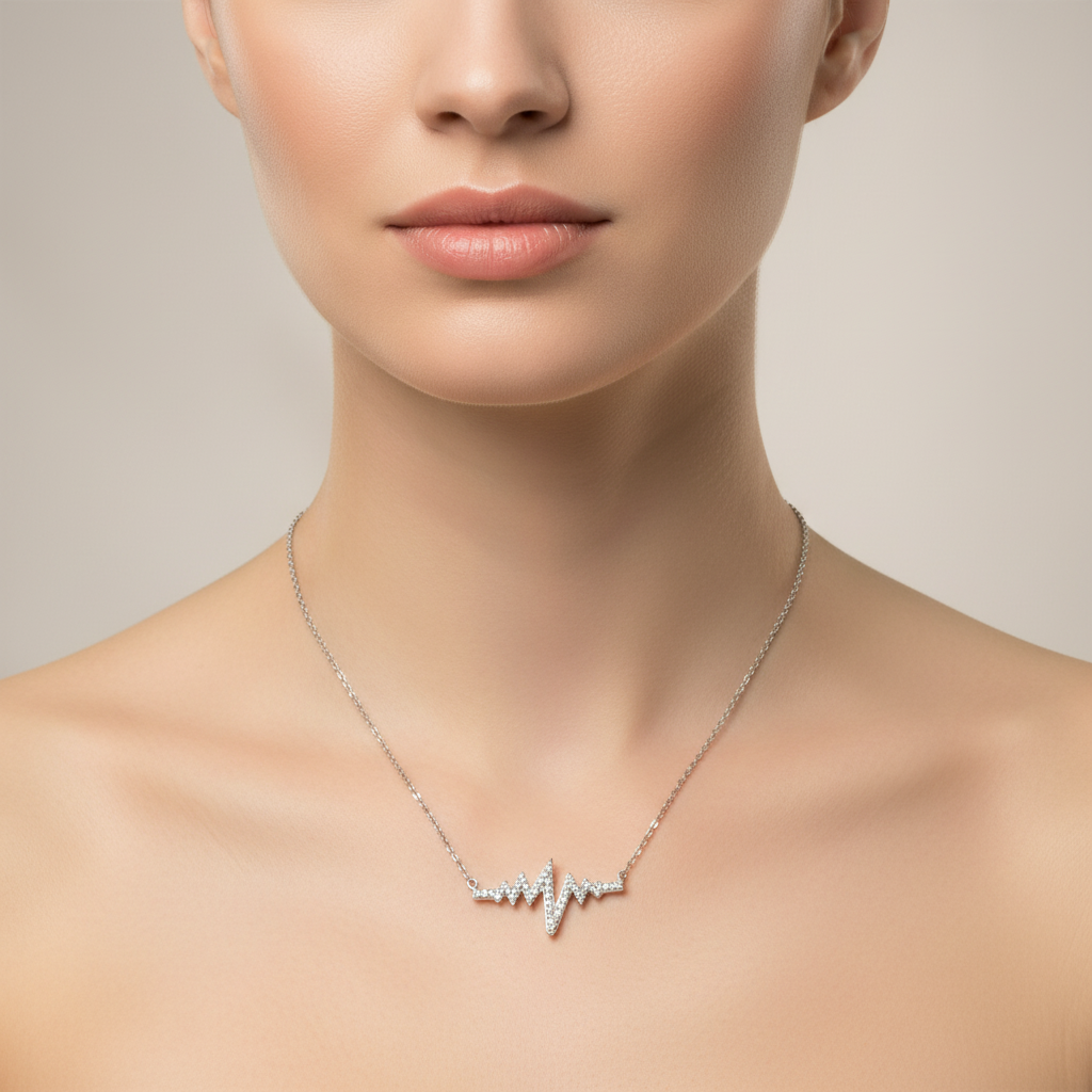 Sterling Silver Diamond Heartbeat Pendant and Chain