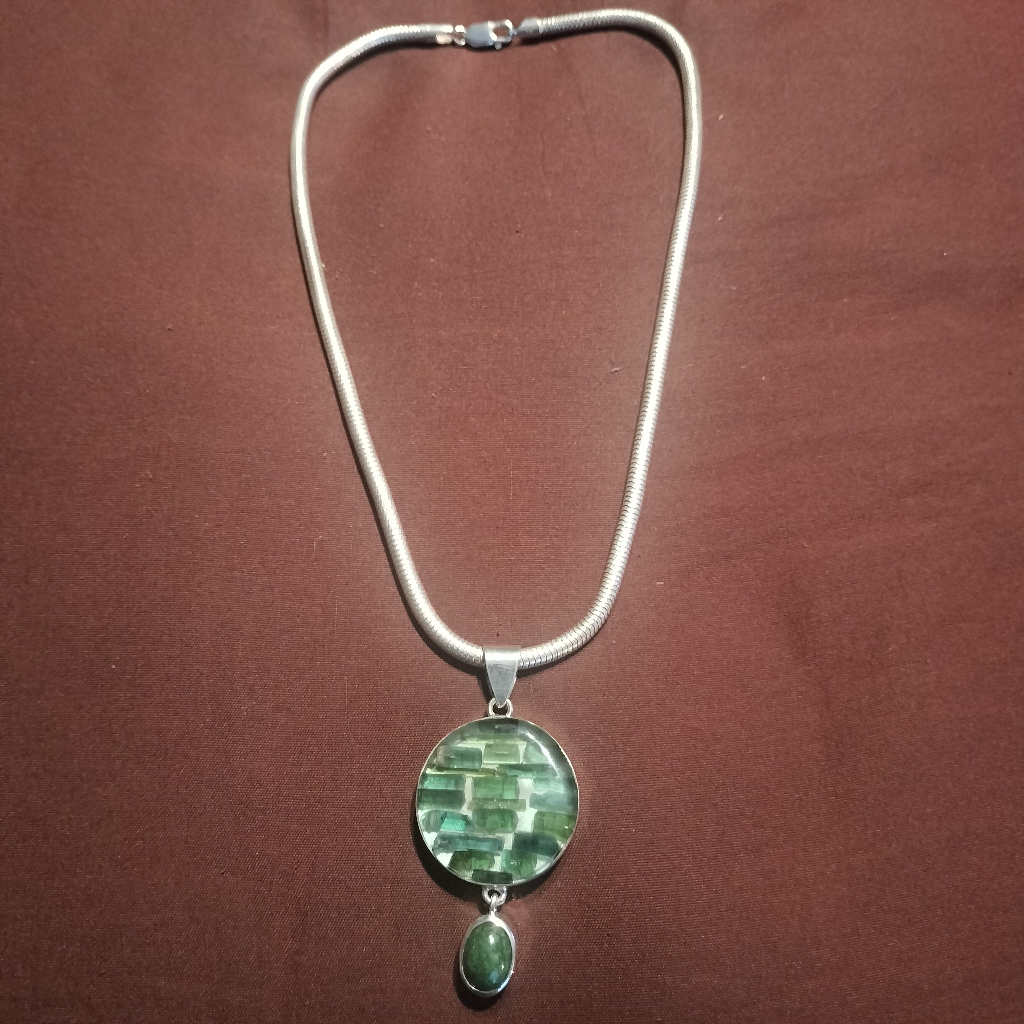 Natural Tourmaline Crystal in Resin with Jade Cabochon Pendant and Chain