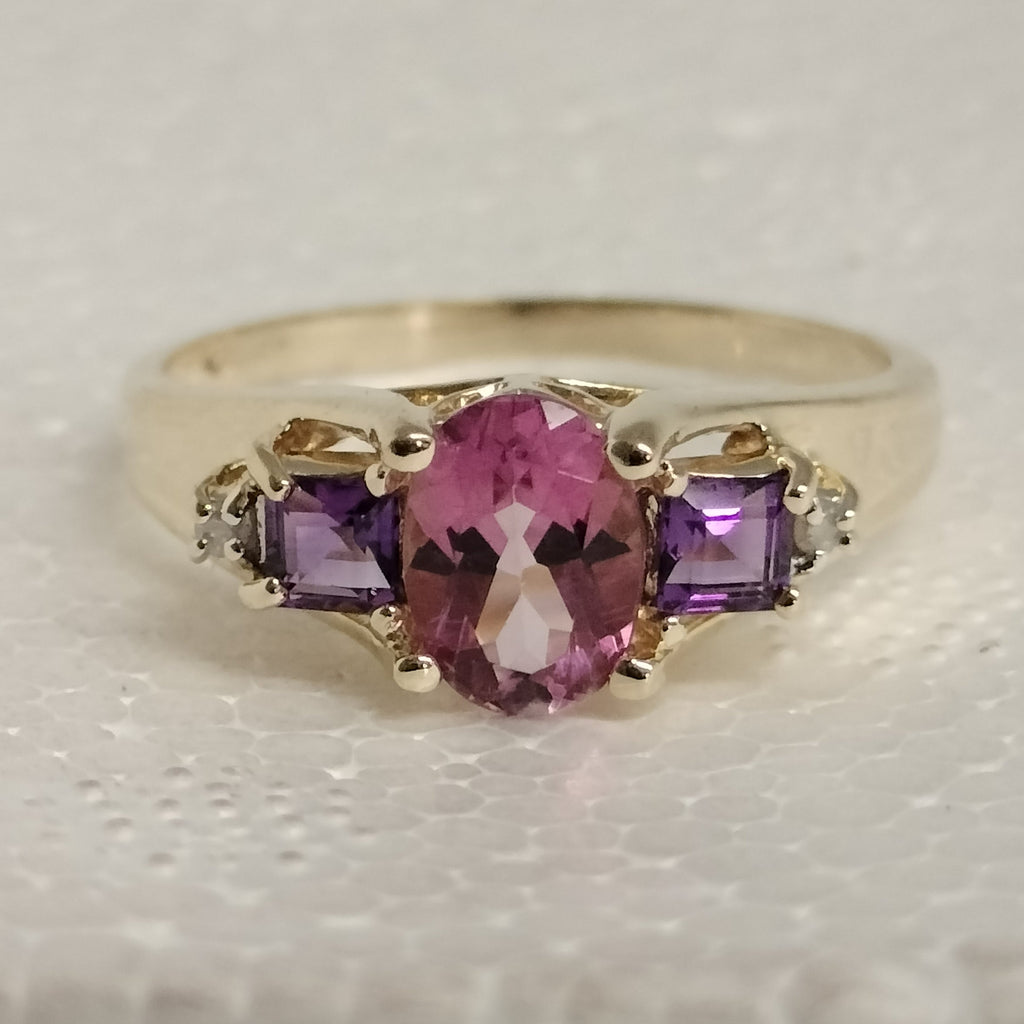 10k Gold Pink Tourmaline Amethyst Diamond Ring