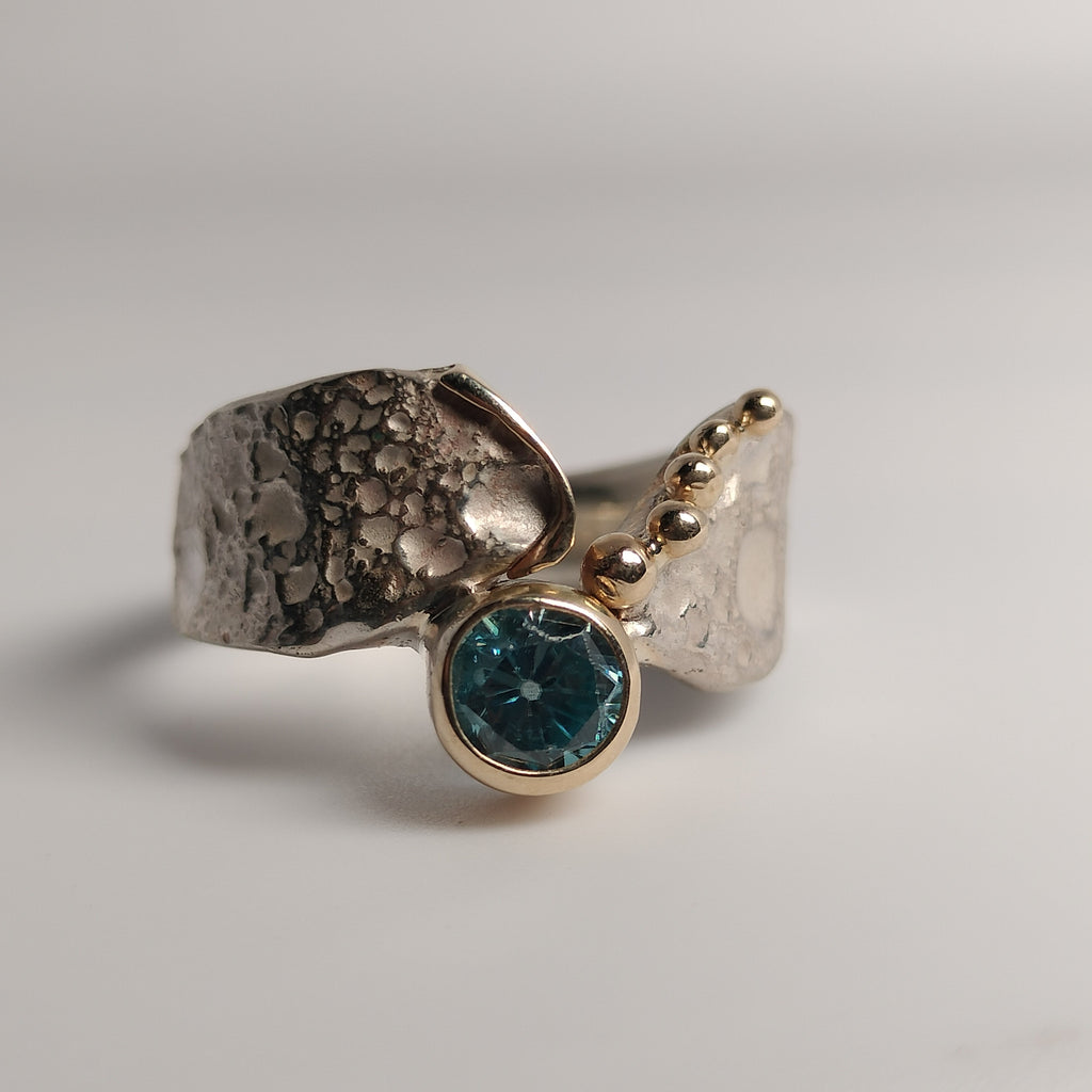 Sterling Silver and 14k Gold Blue Zircon Ring